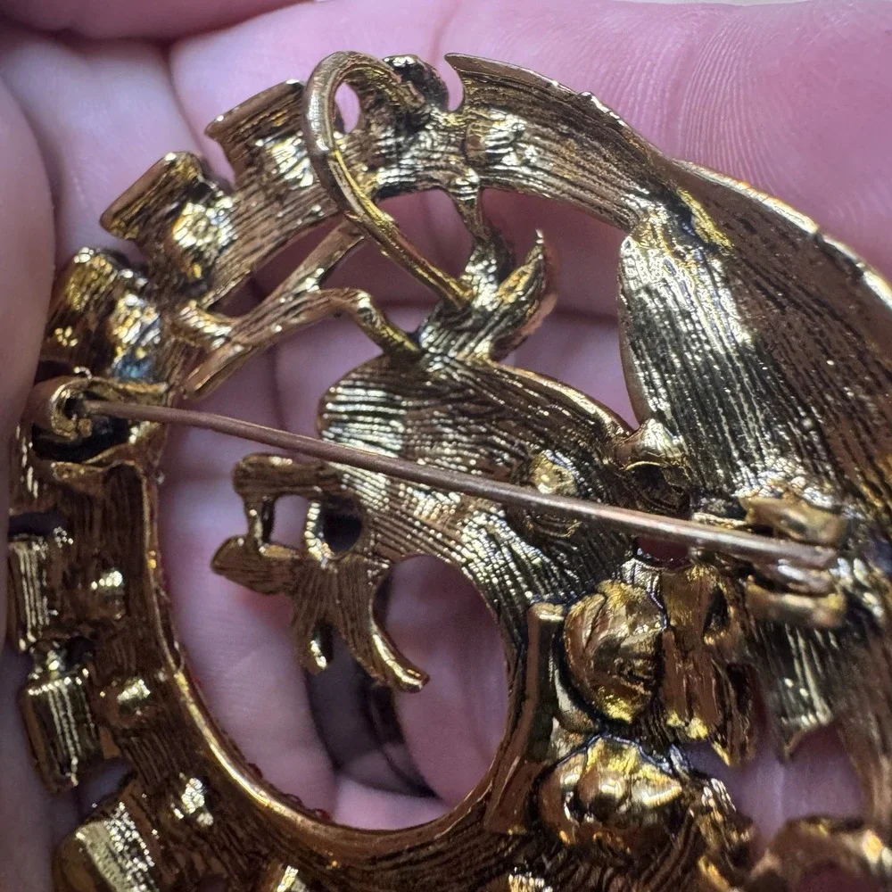 Anthropologie Red Dragon Brooch Gold Tone With Rhinestones Pendant